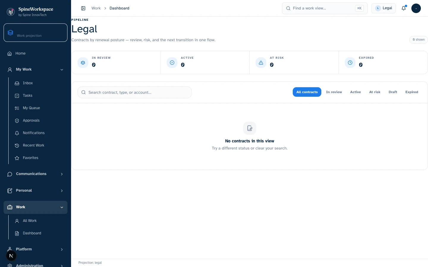 The Legal layout shows contract filters and an empty contract collection. No executed agreements are visible.