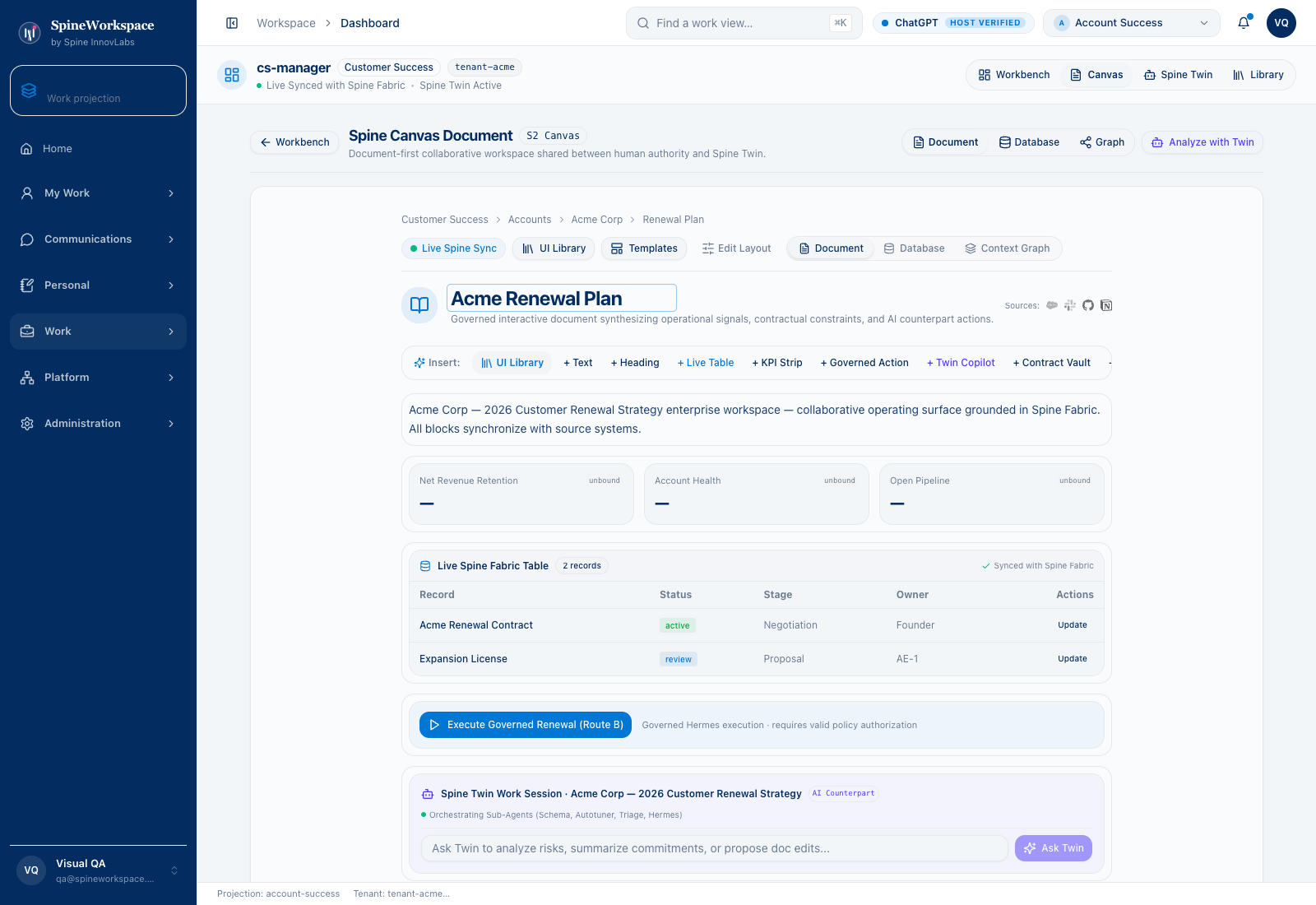 Captured application shell with the blue sidebar and Canvas renewal document using QA records.