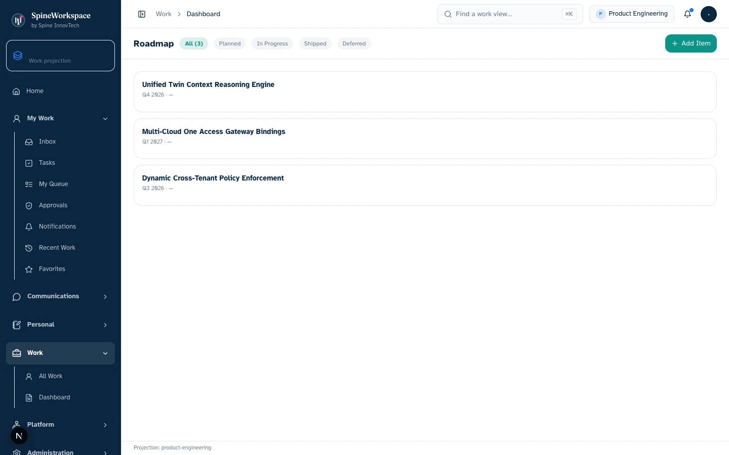 Three fixture roadmap items relate named initiatives to delivery phases and quarters: Twin reasoning, cloud gateway bindings and tenant-policy enforcement.