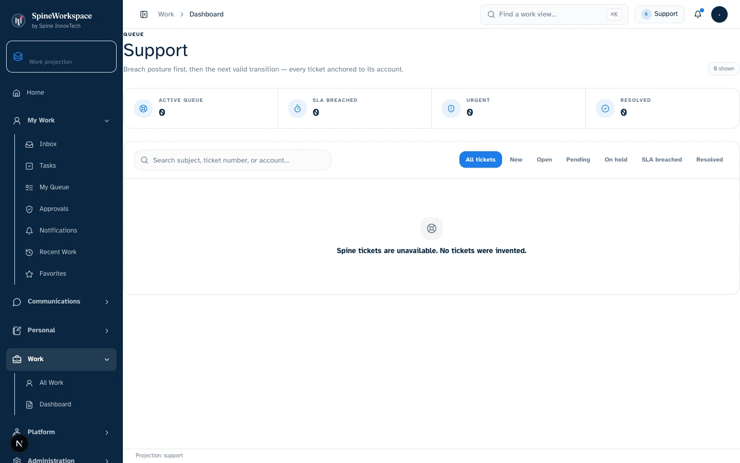 The Support Tickets capture has filters and an empty collection; no customer incidents or resolution metrics are visible.